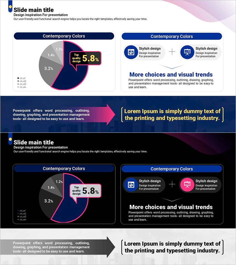 보라색 곡선 테마로 시각화한 파이차트 – 사업 전략과 비전 전달