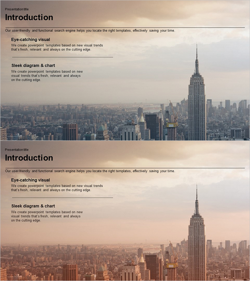 도시 배경의 회사개요 슬라이드 – 신뢰와 혁신