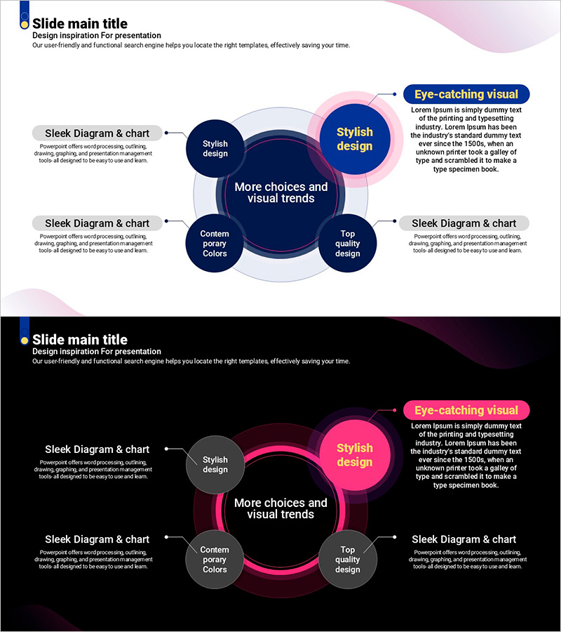 곡선 테마 보라색 PPT 템플릿 다이어그램 – 창의적 비즈니스를 위한 시각적 기회