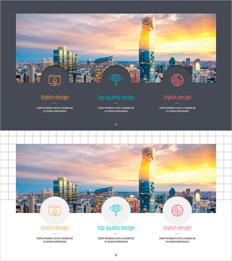 아이콘과 텍스트로 구성된 심플 피피티 와이드 템플릿