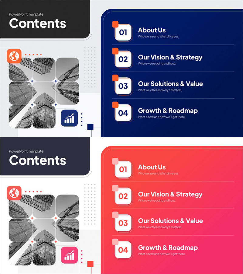 미니벌 큐브 구조로 정돈된 비즈니스 목차 슬라이드