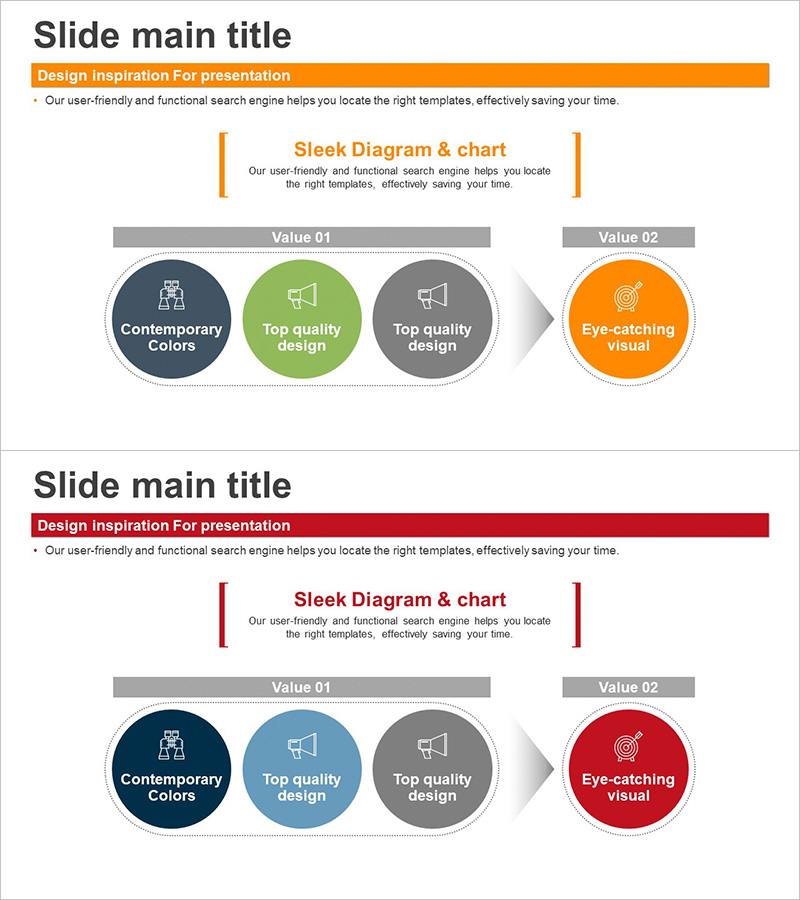 핵심 가치 및 비전을 나타내는 다이어그램 슬라이드