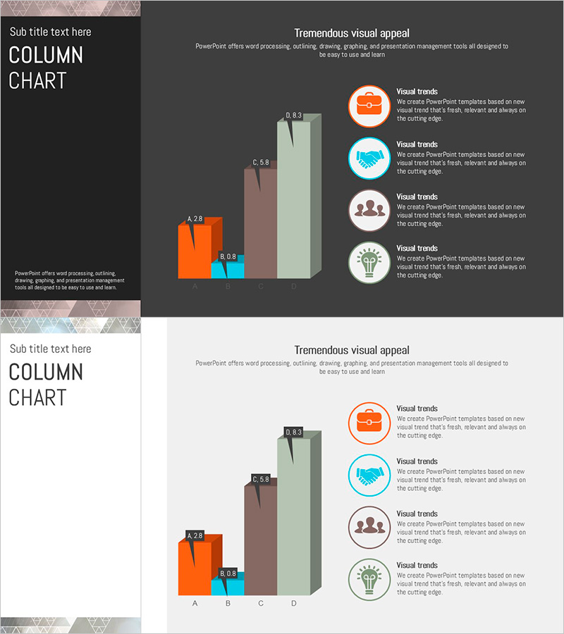 삼각패턴 칼럼차트 – 주요 성과를 시각화한 슬라이드