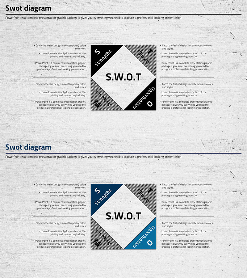 사각 SWOT 분석 다이어그램 – 시장 및 경쟁사 분석 도구