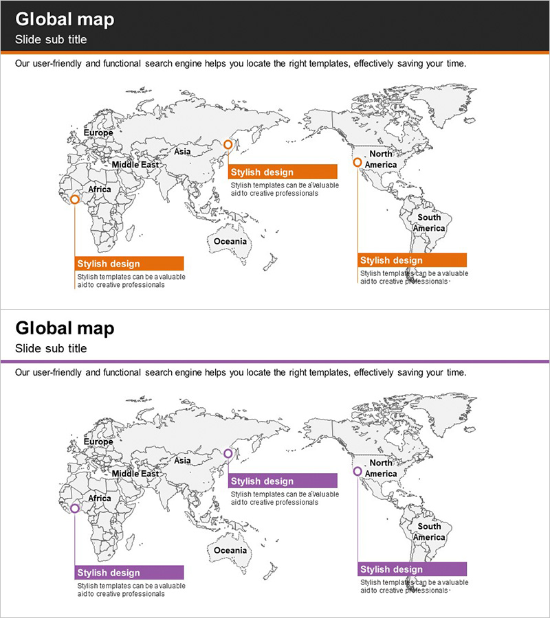 글로벌 타겟 시장을 시각화한 지도 슬라이드