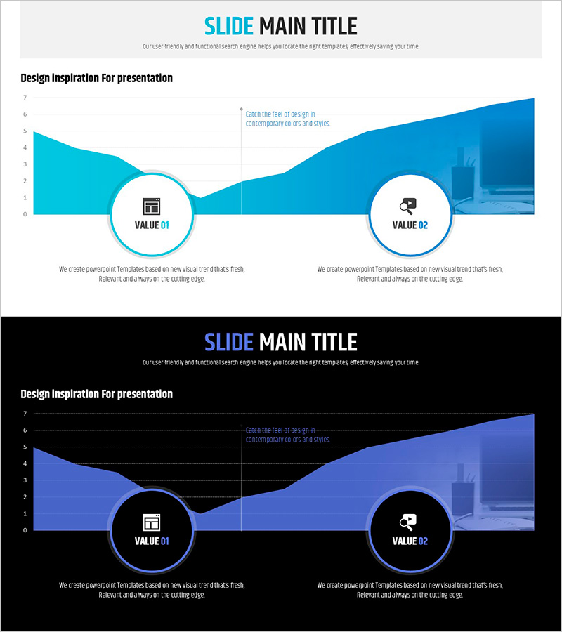 신문 와이드 파워포인트 템플릿 영역형 차트 – 시장 분석과 전략