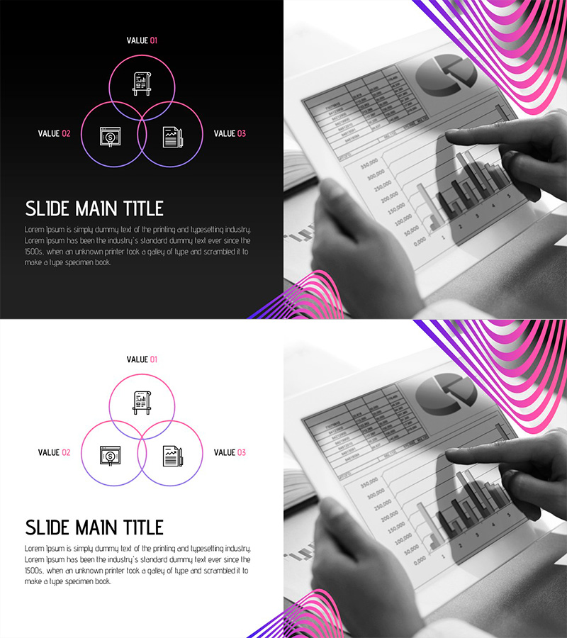 환상 와이드 피피티 중첩 다이어그램 – 마케팅과 재무 전략의 통합