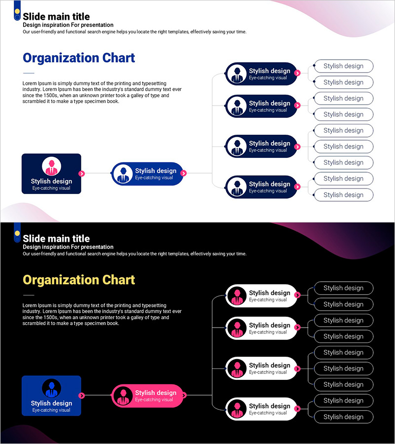 조직도 시각화를 위한 보라색 곡선 템플릿 다이어그램