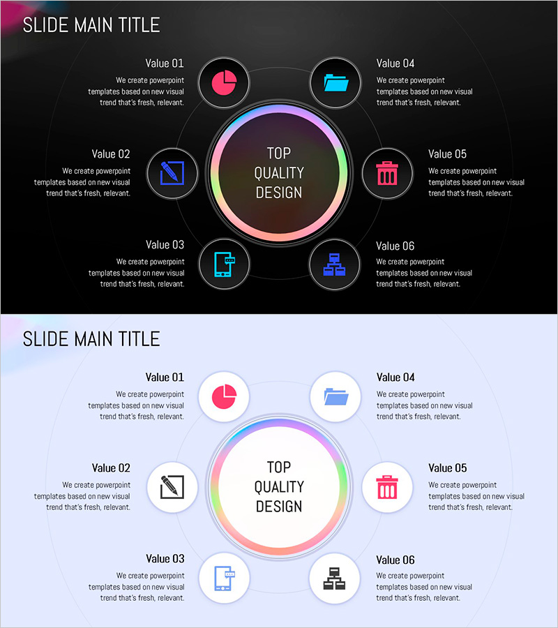 원형 그라데이션 와이드 템플릿 다이어그램4 – 제품소개 및 사업 전략
