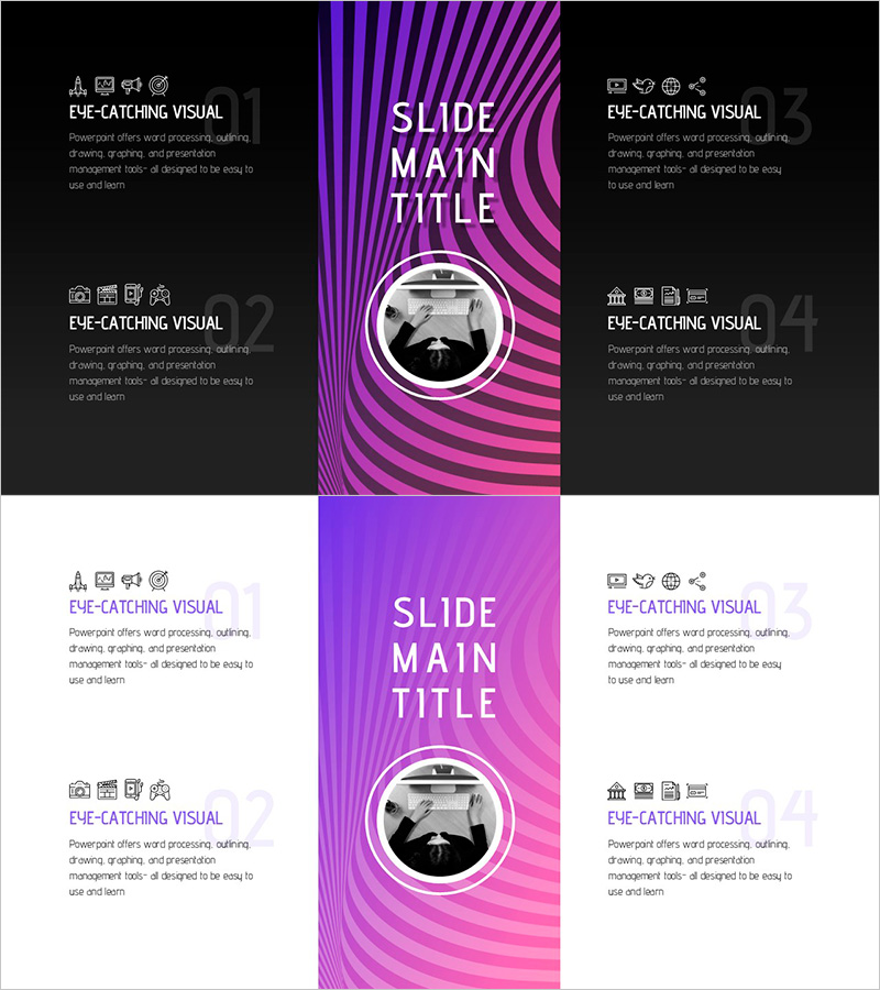 환상적인 와이드 아이콘과 텍스트 설명 슬라이드