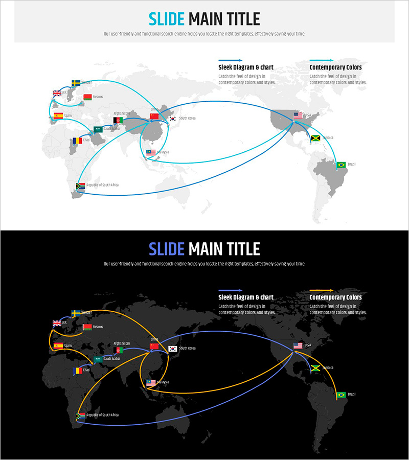 신문 와이드 파워포인트 템플릿 맵 - 글로벌 시장 동향 이끌기