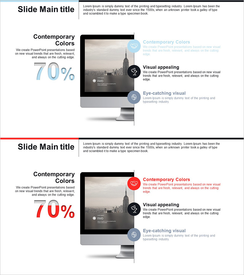 비즈니스 달성 목표를 시각화한 프레젠테이션 슬라이드 – 전략과 목표