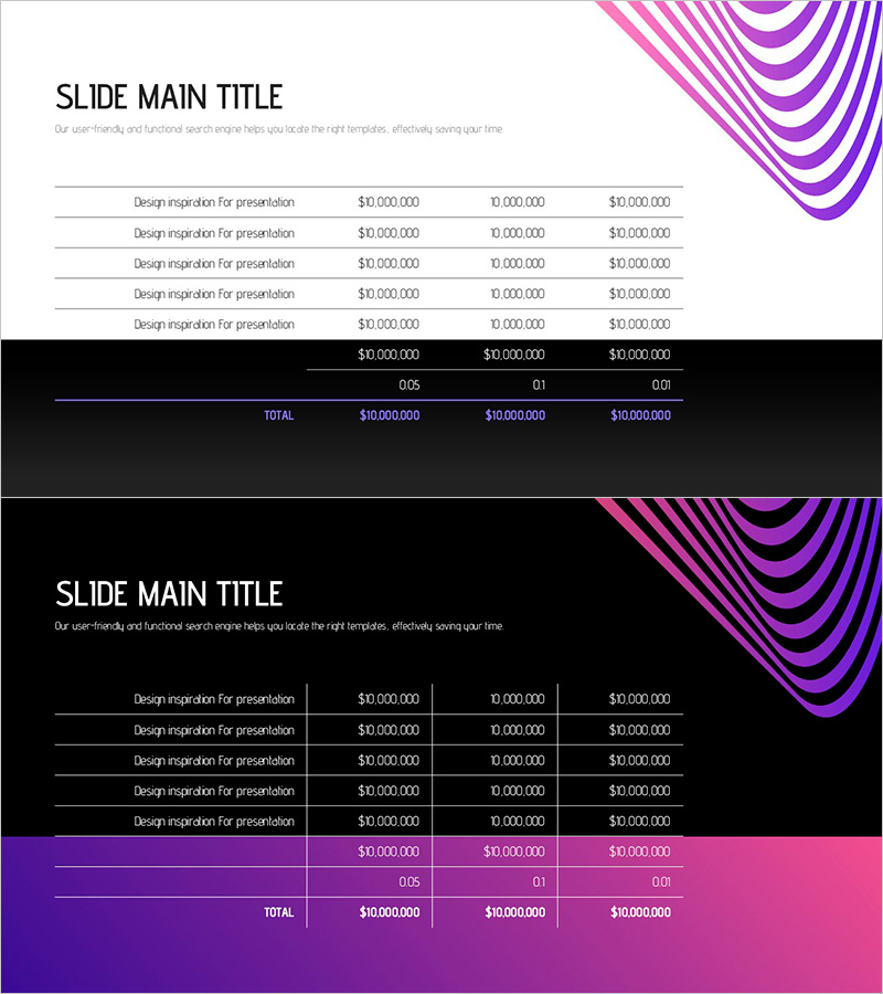 환상적인 디자인의 테이블 슬라이드 – 재무 계획과 성과
