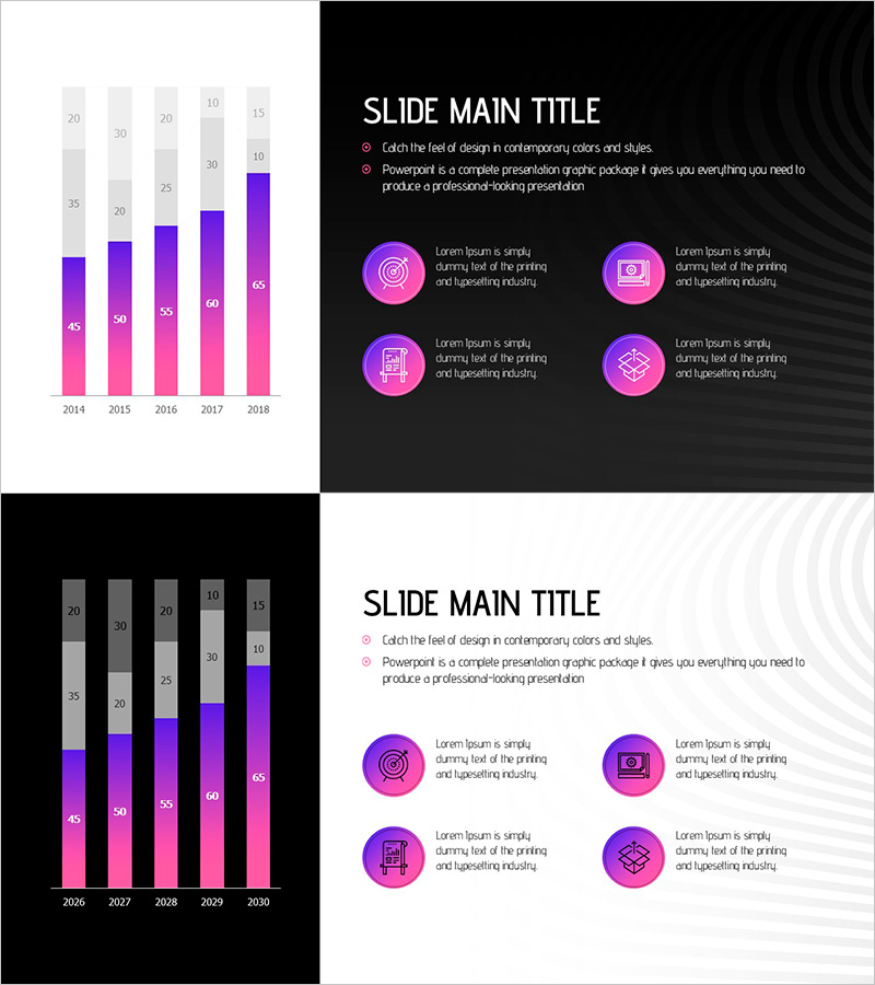환상 와이드 PPT 세로막대 세분형 차트 – 사업 추진 전략의 시각화