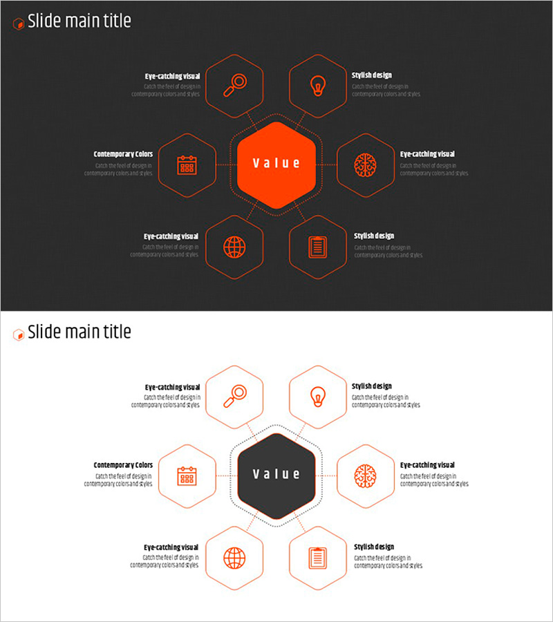 오렌지 육각형 템플릿 확산 다이어그램