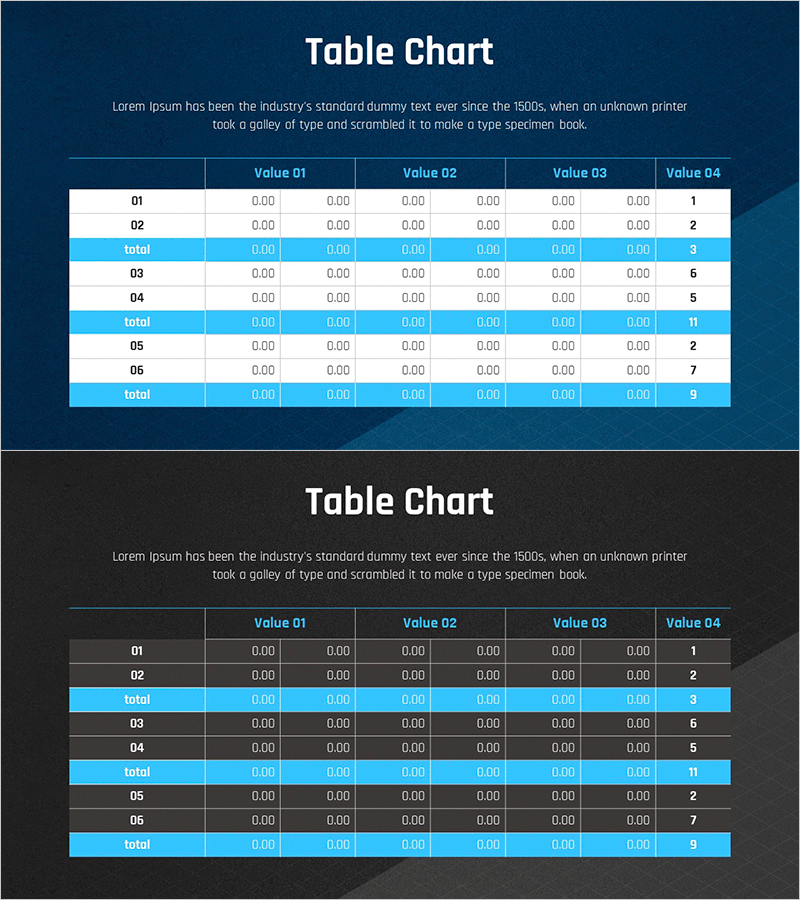 블루 블랙 테이블표 – 재무 성과 시각화