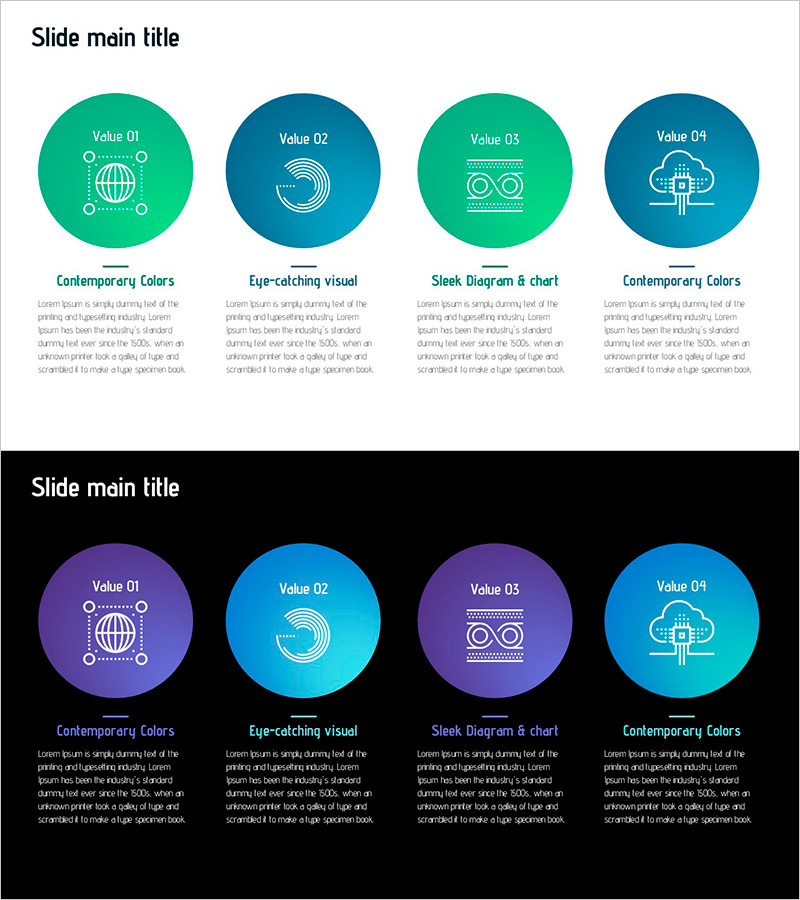 모던 디자인의 슬라이드 템플릿 – 시각적 요소로 가치 전달