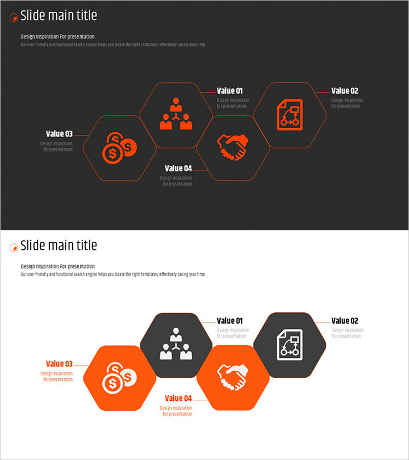 오렌지 육각형 템플릿 다이어그램 – 사업 전략과 비전을 시각화
