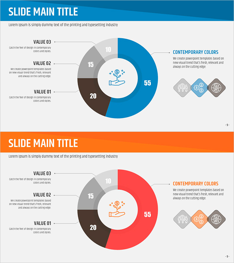 도넛차트로 시장 점유율을 시각화한 슬라이드 템플릿 – 사업소개
