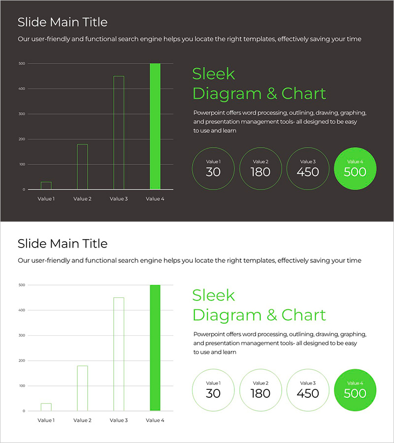 그린&그레이 와이드 템플릿 세로막대 차트 – 성과 시각화