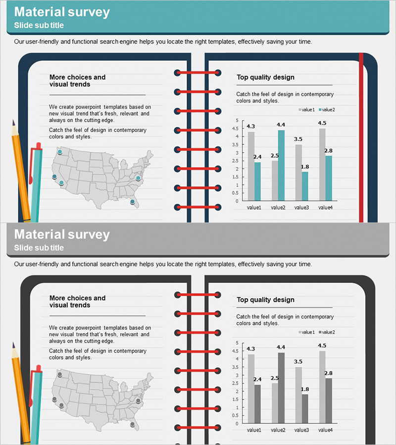 노트 일러스트 테마 미국지도 & 그래프 – 시장 분석과 전략 소개