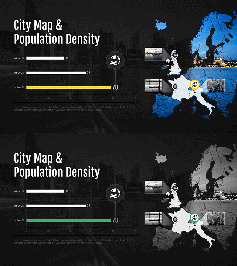 도시 지도 및 인구 밀도 분석 슬라이드 – 시장 및 경쟁 통찰