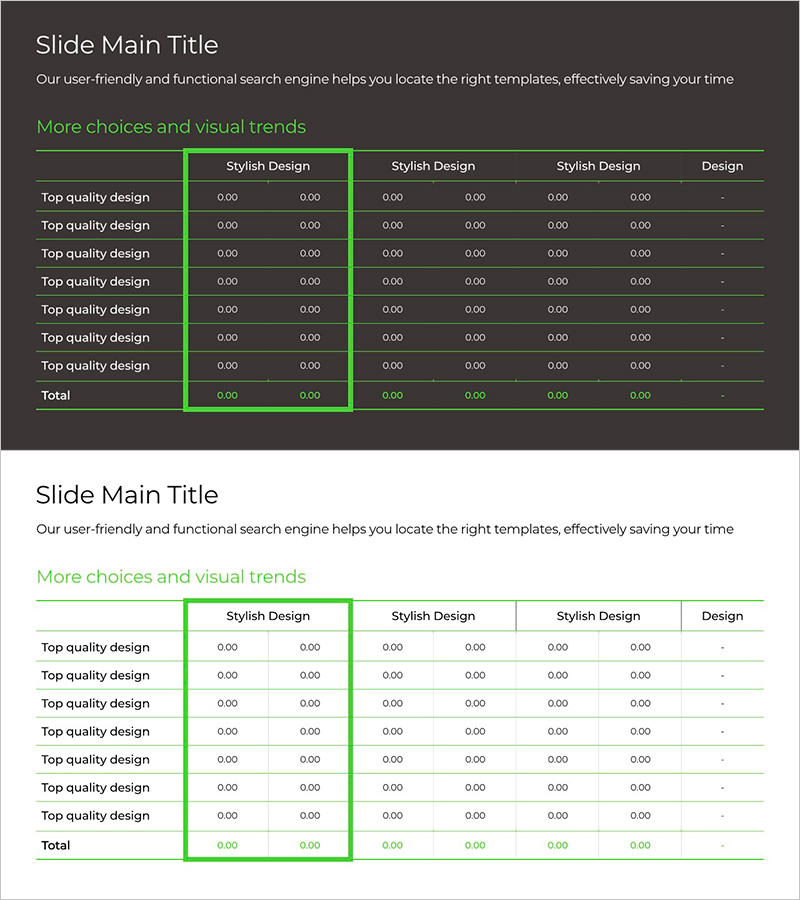 그린&그레이 와이드 템플릿 테이블 – 재무 계획과 성과 시각화
