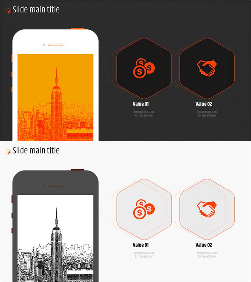 오렌지 육각형 템플릿 그래픽 목업 – 사업 전략과 목표 시장의 시각화