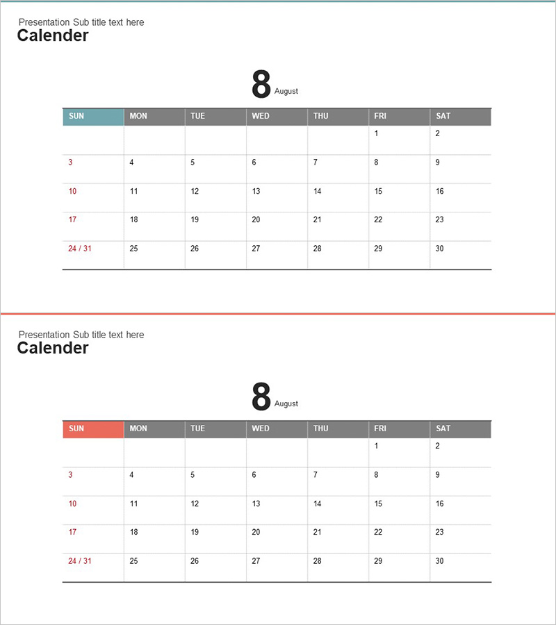 8월 달력 테이블 – 사업 관리와 운영 계획