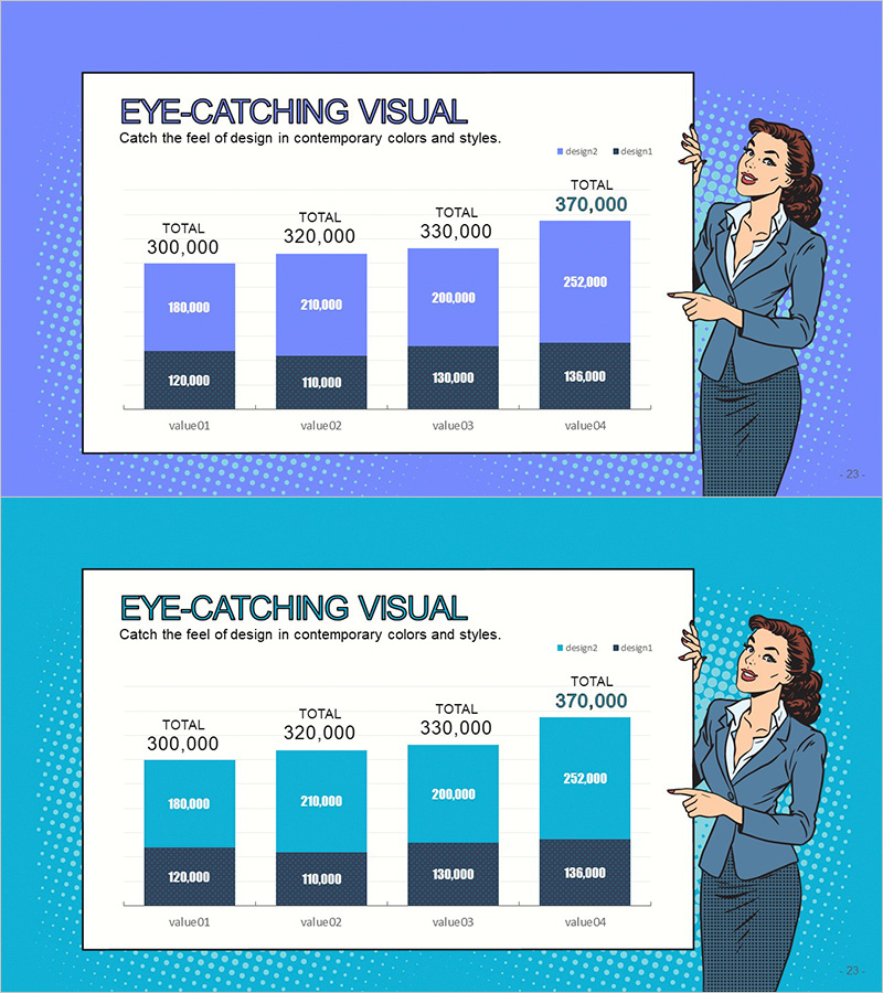 카툰 테마 세로막대 세분형 그래프 – 비전과 성장