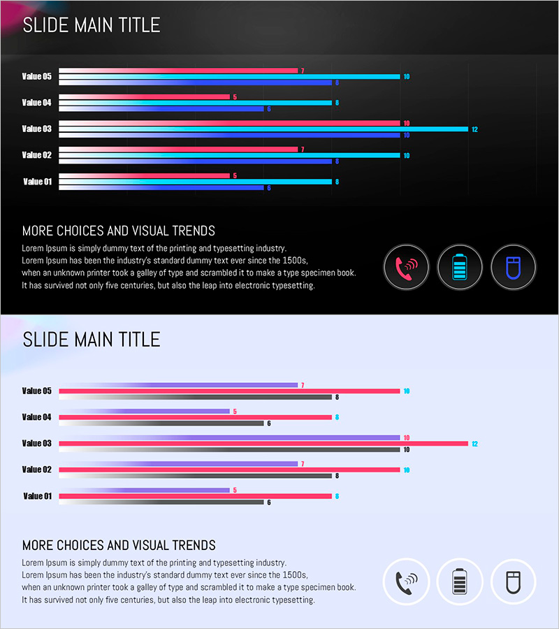 가로막대 그래프로 성과를 시각화하는 원형 그라데이션 템플릿