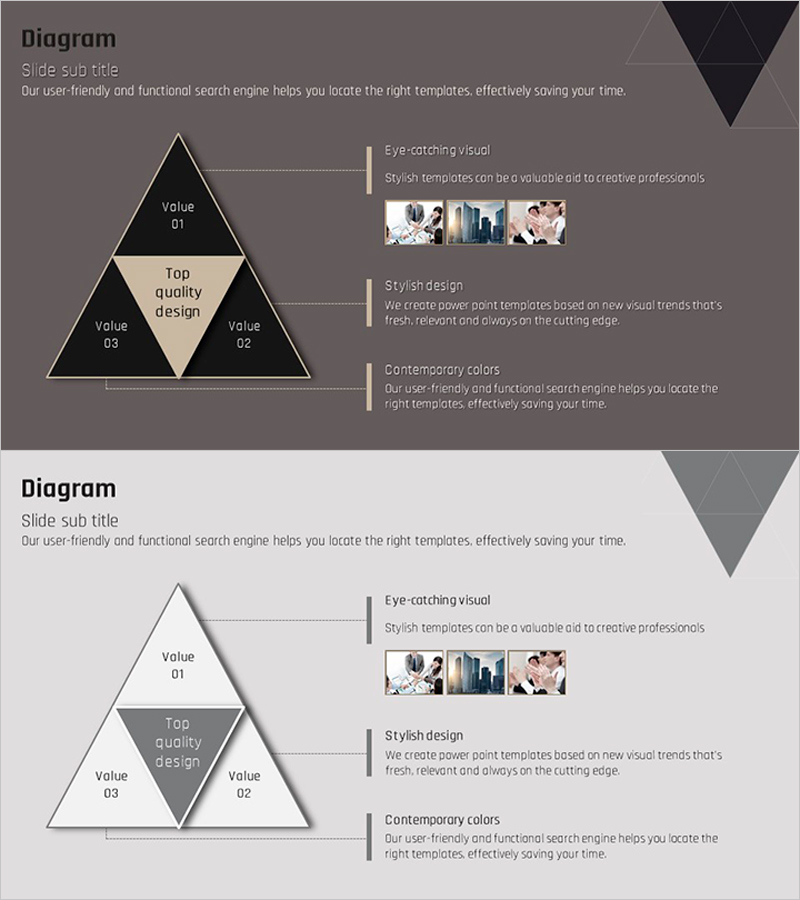 삼각형 확산 연결 요소로 마케팅 전략 시각화