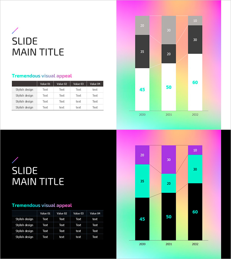 홀로그램 와이드 PPT 테이블 & 세분형 막대그래프 – 트렌디한 데이터 시각화