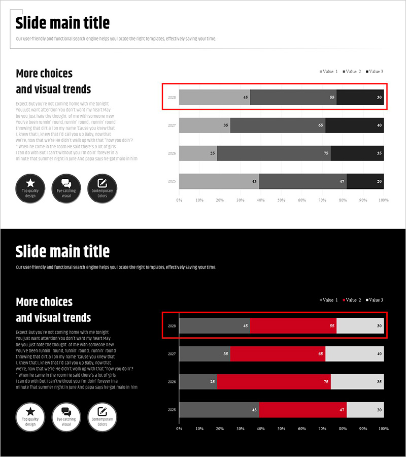 모던 와이드 PPT 템플릿 세분형 가로막대 차트 – 시장 및 성과 분석
