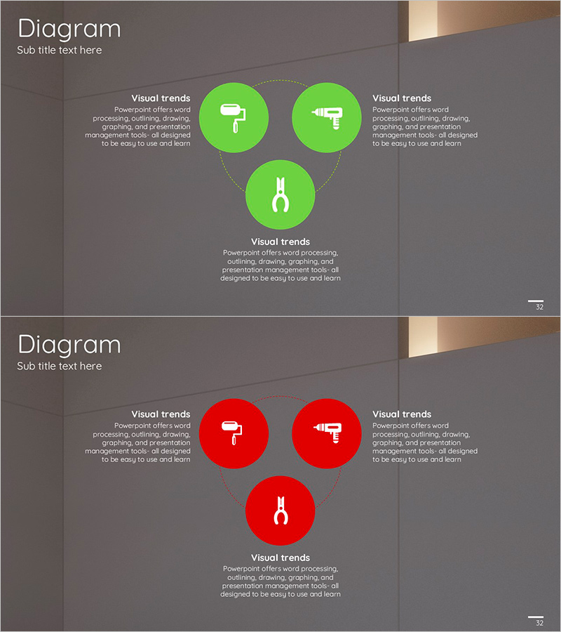 공구 아이콘과 확산 다이어그램 슬라이드 – 기술적 프로세스 시각화