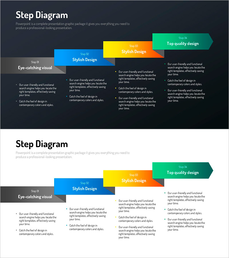 단계 다이어그램을 활용한 인포그래픽 디자인 와이드 PPT 템플릿