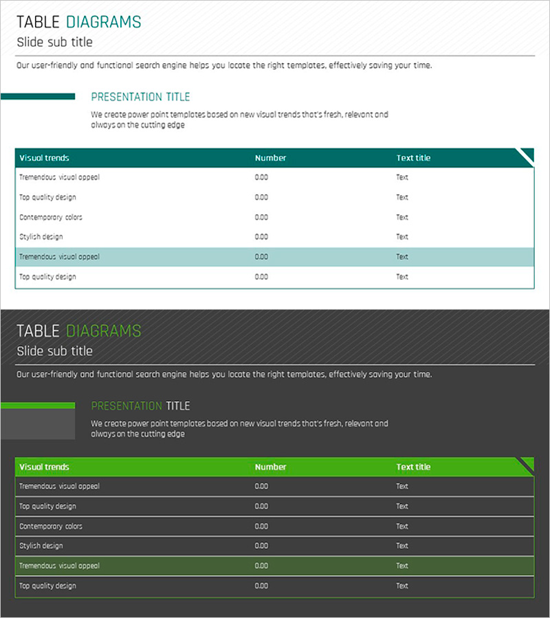 초록 테이블 다이어그램 – 2가지 버전의 디자인