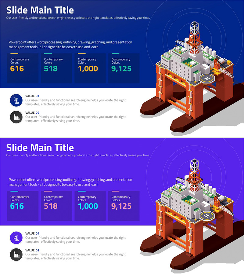 석유 시추 플랫폼을 강조한 인포그래픽 슬라이드
