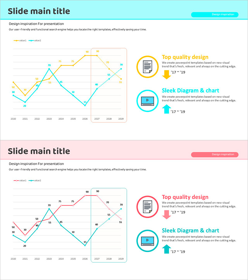 블루 핑크 꺾은선 차트로 시장 분석 제시하기