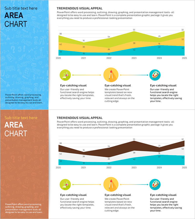 영역형 차트와 학습도구 아이콘 – 시장 분석의 필수 슬라이드