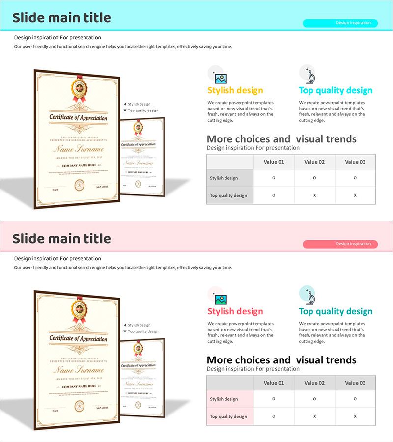 수상 특허 및 테이블 – 회사 소개를 위한 다이어그램