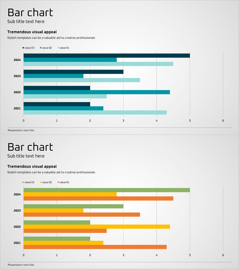 시장 분석 및 동향 그래프 – 파랑, 주황, 초록 활용