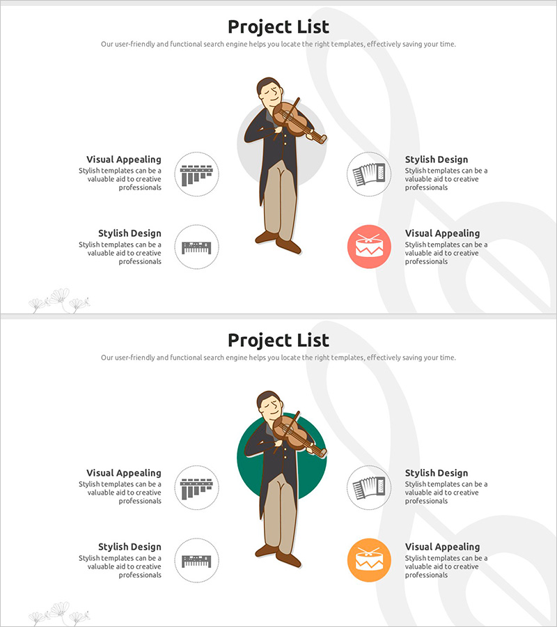 악기 특성에 대한 설명 – 스타일리시한 다이어그램