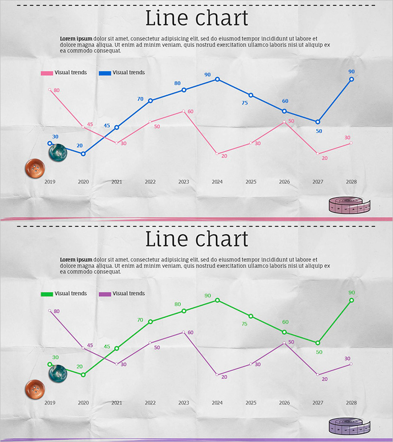 단추 이미지와 꺾은선 그래프 – 경쟁 우위를 보여주는 슬라이드