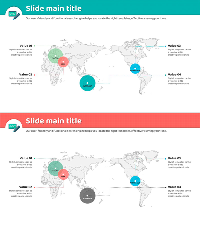 지역 표시가 돋보이는 세계지도 슬라이드 – 글로벌 네트워크 확보