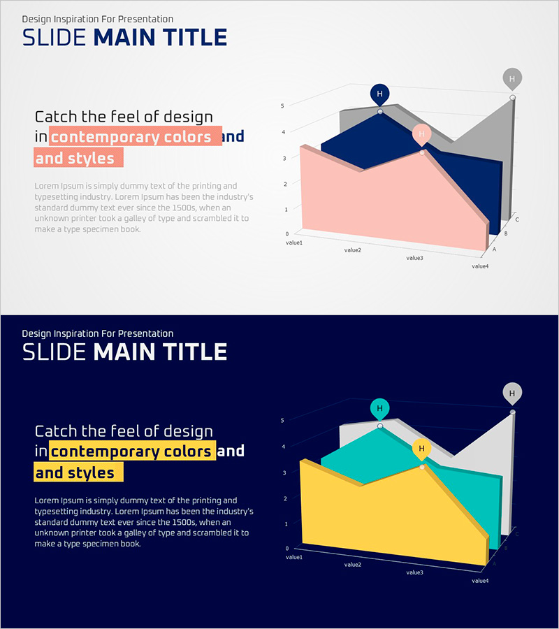 3D 영역형 차트와 설명 – 시장 및 경쟁사 분석에 적합