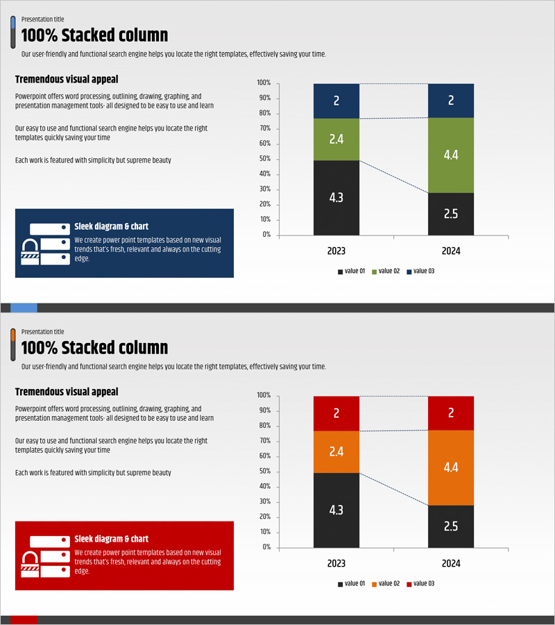세로막대그래프로 시장 점유율 분석 – 파랑과 빨강을 조화롭게