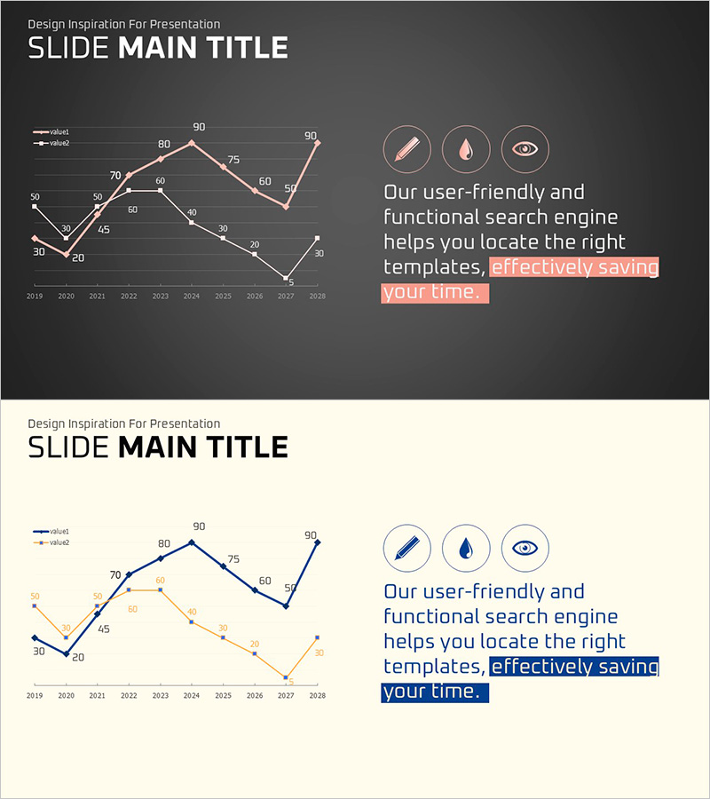 핑크 네이비 꺾은선 그래프와 설명