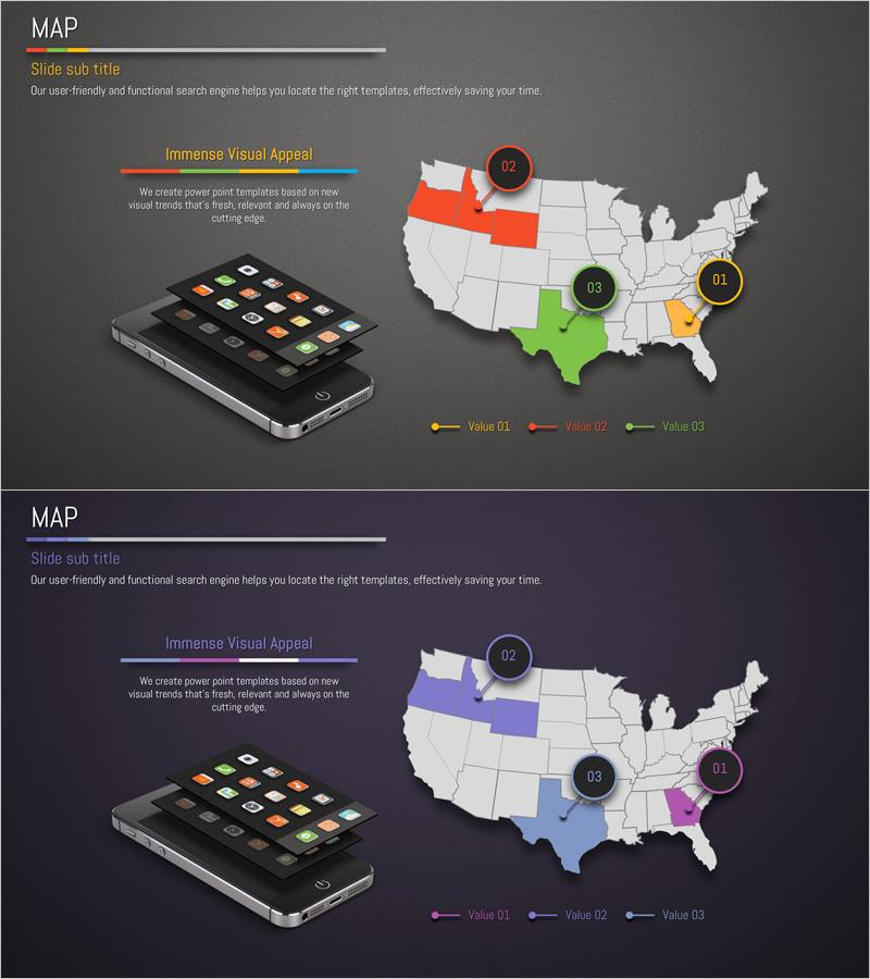 미국 내 국내 네트워크 및 파트너사 맵 – 주황, 초록, 보라