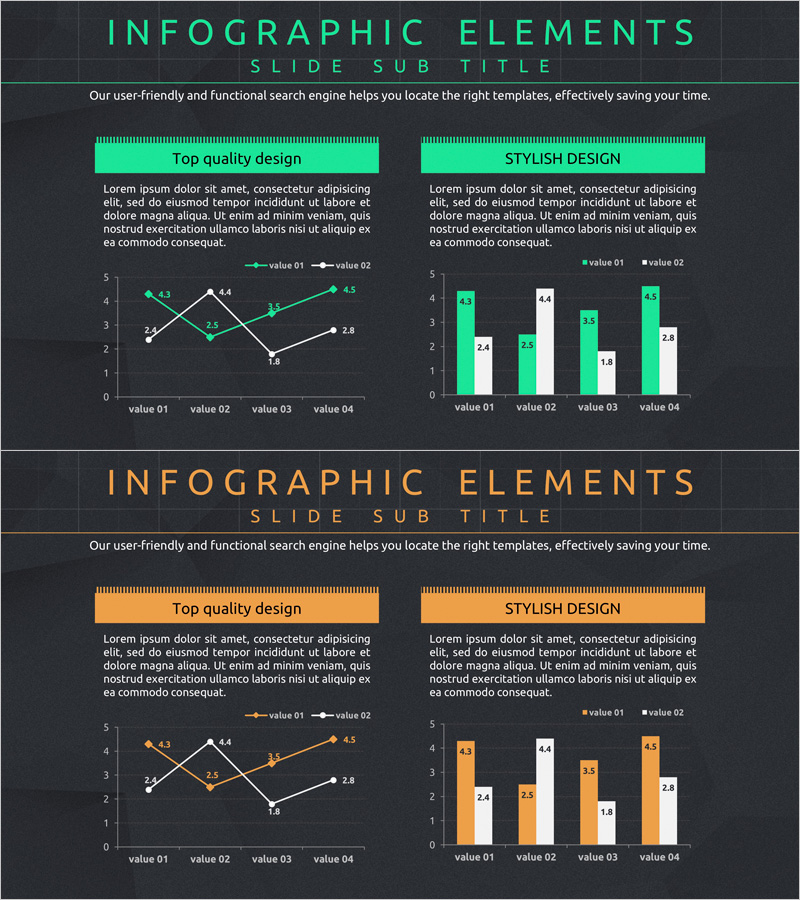시장 분석 및 현황 그래프 슬라이드 – 초록과 주황의 조화
